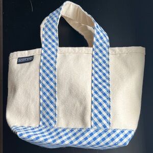 Lands' End Small/Mini Canvas Tote with Blue Checkered Design